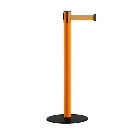 Montour Line Retractable Belt Stanchion, Low Base, 2.5" Orange Post 7.5'Brown Belt S400-OR-BN-75